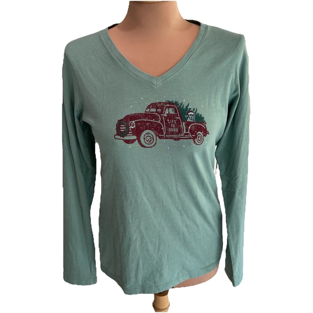 Life Is Good Crusher T Shirt Christmas‎ Red Truck V Neck Long Sleeve Festive